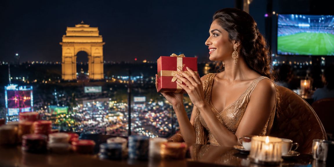 Delhi India Gate with festive red envelope symbolizing bonuses