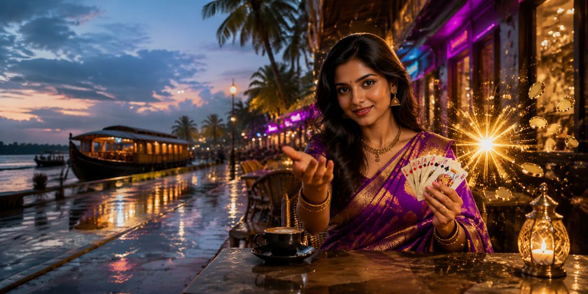 Evening rummy online with bright neon lights in Kerala backwaters