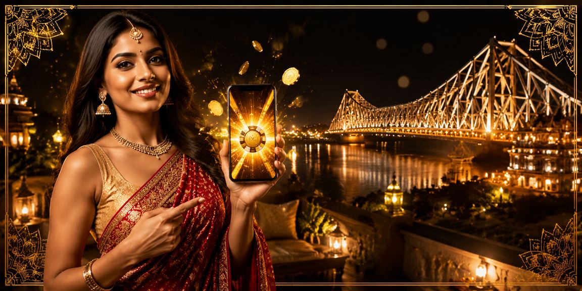 Howrah Bridge viewed at night with Indian sports betting theme
